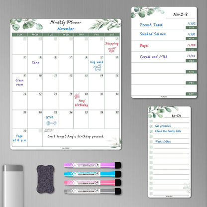 ALEZEL Dry Erase Fridge Calendar Magnetic, Greenery White Board Calendar Dry Erase for Refrigerator - Set of Vertical Monthly & Weekly Calendar for Fridge with 1 List Board, 4 Markers + Eraser