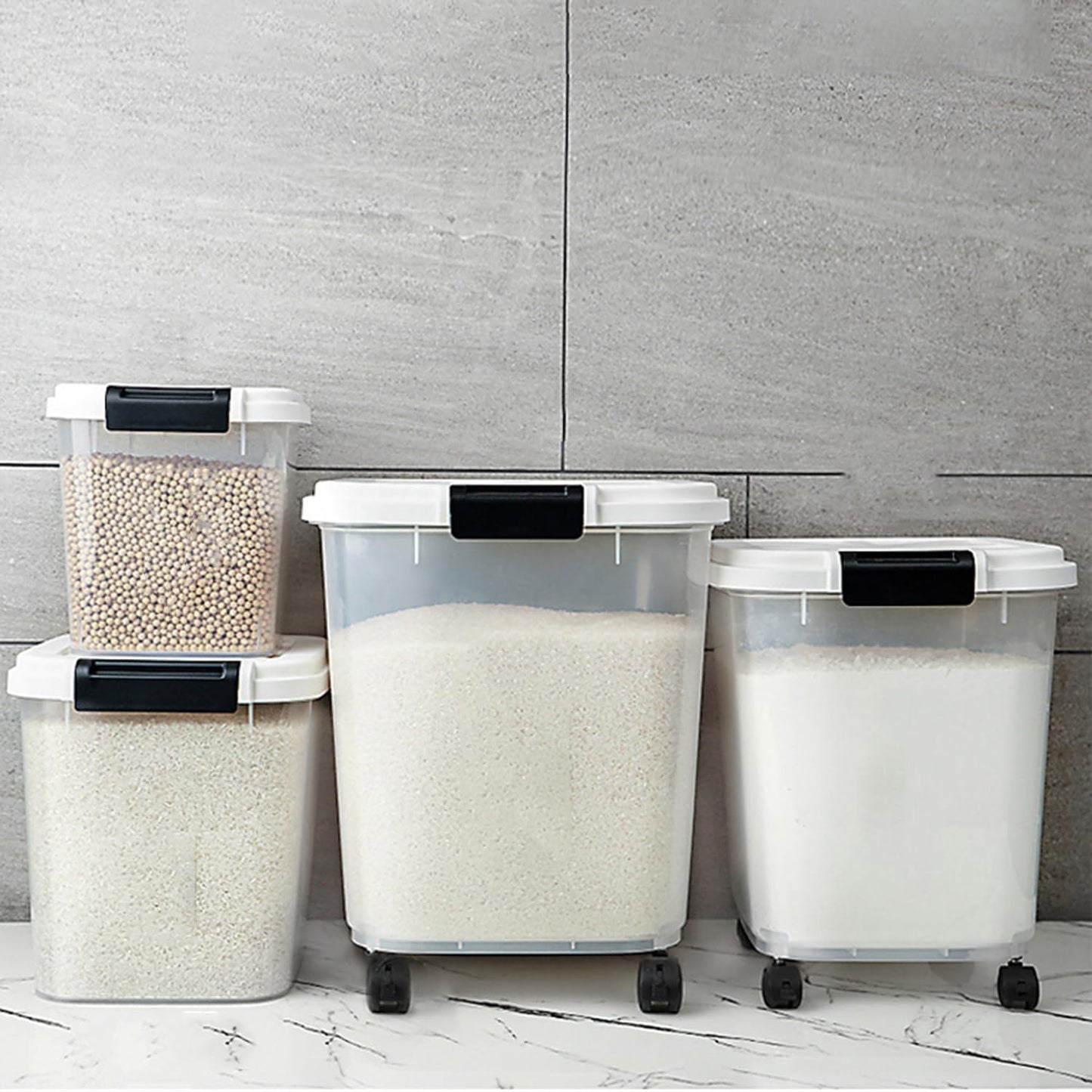 HANAMYA 40 LB Rice Storage Container with Measuring Cup, BPA free, For Rice | Grain | Pet Food | Flour, 1 count, Clear & Black