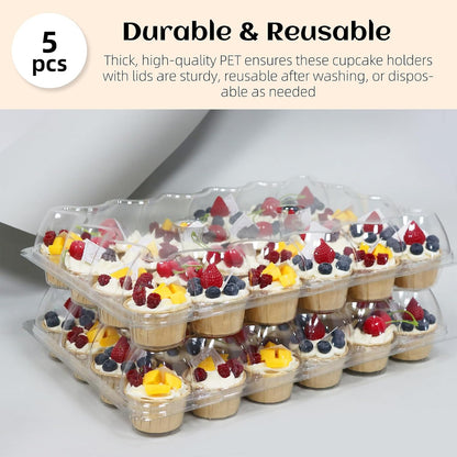 WIKDAY 24 Count x 10 Sets Plastic Cupcake Containers, Durable and BPA-Free Cupcake Holder with Lid for Easy Transport Storage, Stackable Clear Cupcake Carriers, Reusable Dessert Boxes