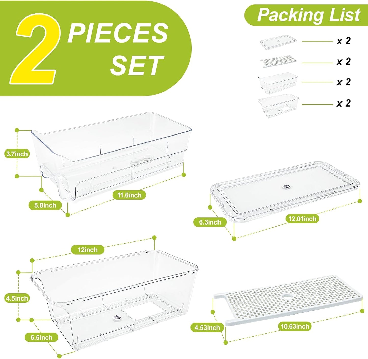 6-Pack Fridge Drawer Organizer, Pull-out Stackable Refrigerator Organizers and Storage, Clear Fruit Storage Containers Bins with Drain Tray for Kitchen Cabinet, Pantry Organization