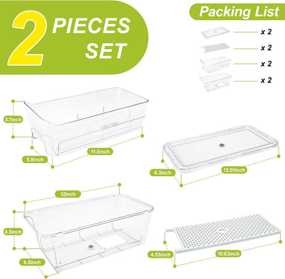 6-Pack Fridge Drawer Organizer, Pull-out Stackable Refrigerator Organizers and Storage, Clear Fruit Storage Containers Bins with Drain Tray for Kitchen Cabinet, Pantry Organization