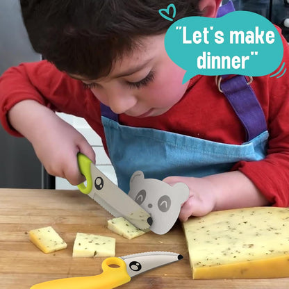 Kids Knife Set for Real Cooking with Educational Ring & Panda Finger Guard for Boys & Girls Cutting, Kids Chef Knife Stainless Steel Blade for Kitchen Cutting-Cool-toned