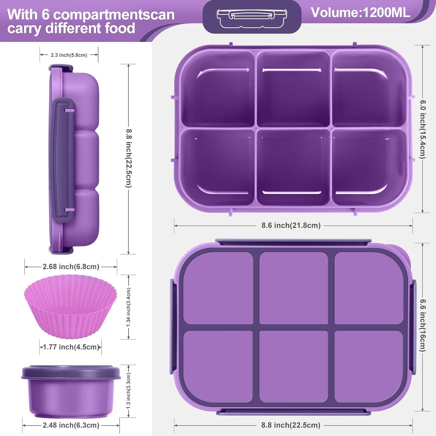 Amathley Lunch Box Kids Girls Boys,Bento Box Adult,Toddler Lunch Containers for School,Leakproof Snack Containers with 6 Compartments,Sauce Container,10 Food Picks and 4 Muffin Cups (Green)