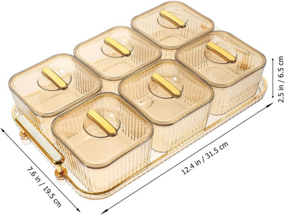 GLEAVI Snack Storage Platter with Lid 6-Compartment Clear Appetizer Serving Tray for Nuts Fruits and Snacks Party Snack Bowls Divided Dish for Home Entertaining 12.4 X 7.67 X 2.55 Inches