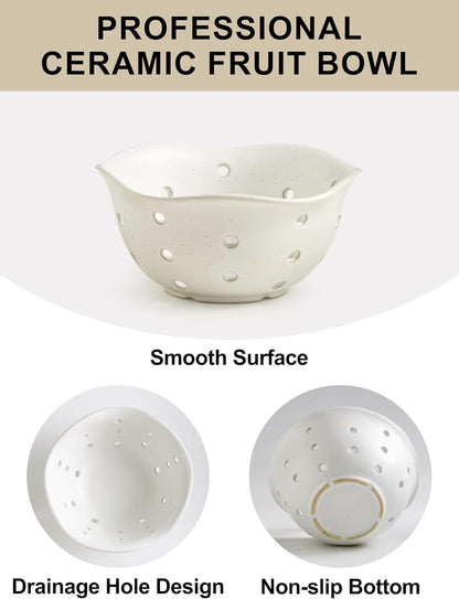 Gomakren Berry Bowls with Holes Ceramic, Berry Washing Bowl Basket Set of 2, 5.8 Inch Round Fruit Bowl Storage Containers, Strawberry Baskets, Farmhouse Kitchen Decor, Yellow + Brown