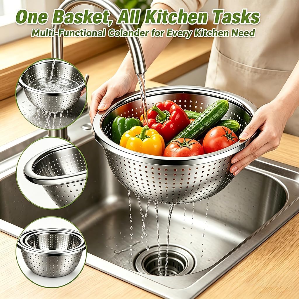 4-Piece Stainless Steel Mixing Bowls and Microporous Colanders Set, 3QT & 5QT Nesting Bowls with Fine Drain Strainers for Washing Rice, Fruits, Vegetables, Pasta, and More
