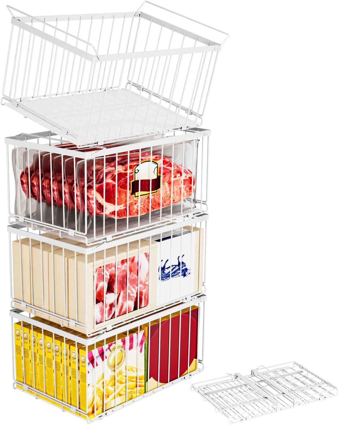 Large Freezer Organizer Bins, Upgrade Quick Expand/Collapse Feature, for 5-9 Cu.Ft Deep Freezer, 3 Pack Stackable Deep Freezer Organizer Bins, Black Wire Foldable Baskets (Black 3 Pack)