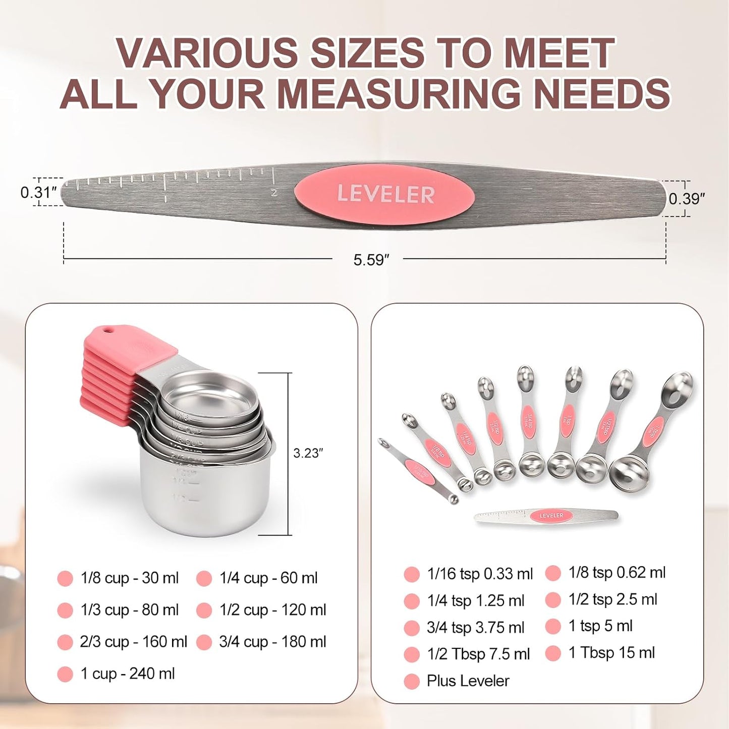 16-Piece Stainless Steel Measuring Cups and Spoons Set, Strong Magnetic Nesting Design 7 Cups 8 Spoons with Leveler, Double Measurement Markings for Dry & Liquid Ingredients, Gold