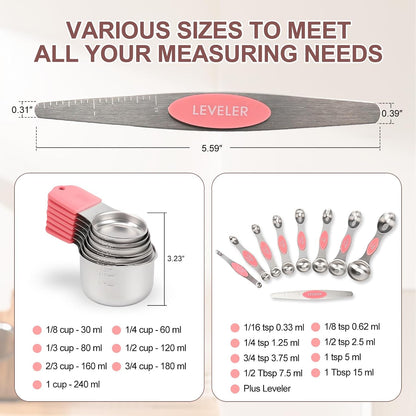 16-Piece Stainless Steel Measuring Cups and Spoons Set, Strong Magnetic Nesting Design 7 Cups 8 Spoons with Leveler, Double Measurement Markings for Dry & Liquid Ingredients, Gold