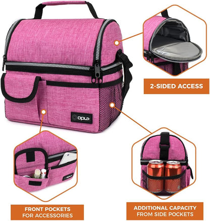 opux Insulated Lunch Bag Women Men, Dual Compartment Leakproof Lunch Box Adults Kids, Double Decker Meal Prep Bento Lunch Cooler Tote with Shoulder Strap for Work Office School Travel, Floral Purple