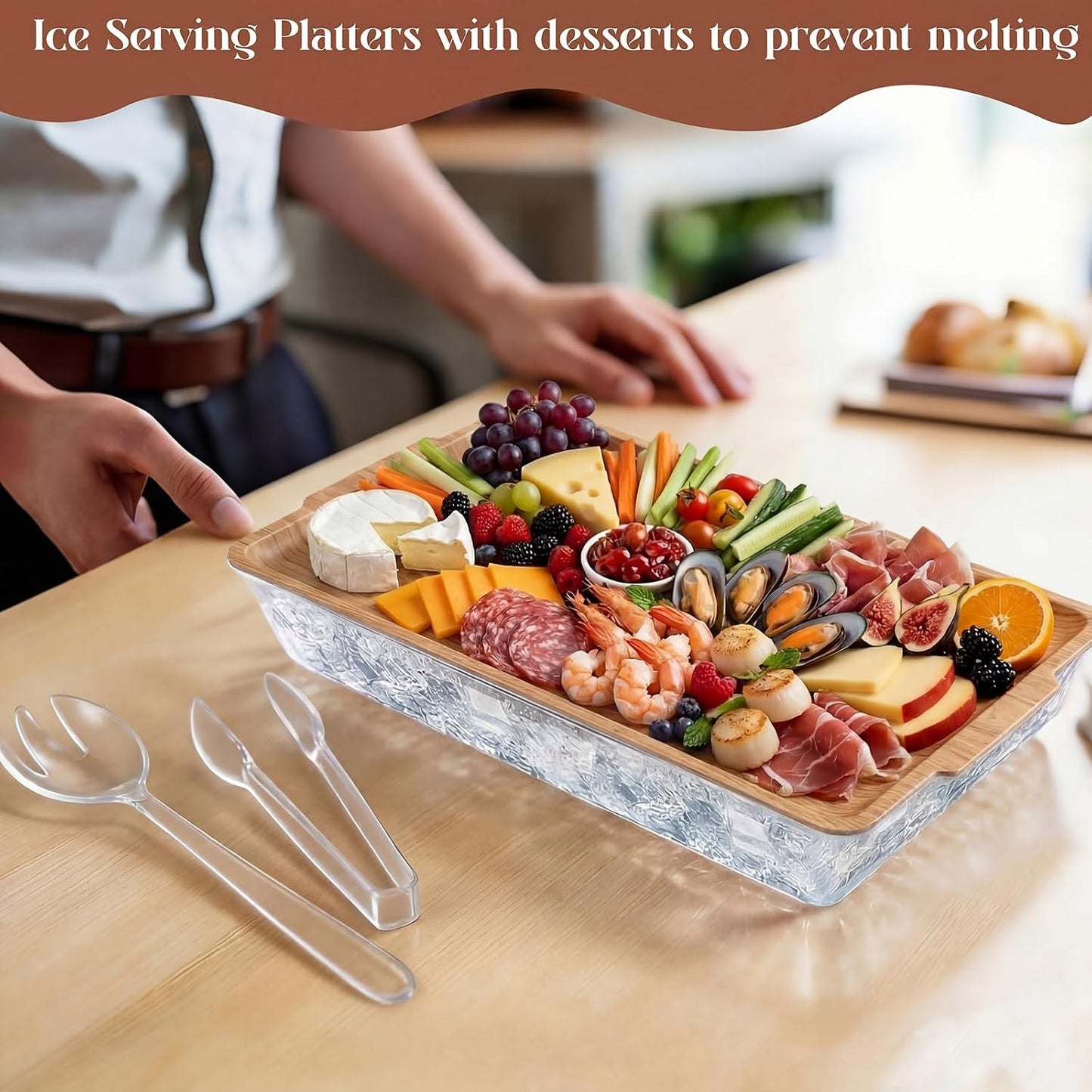 Baderke 16" x 9" Chilled Serving Tray for Parties with Compartments Ice Chilled Party Crudite Platter Charcuterie Serving Board Cold Dish Dip with Tableware for Seafood Vegetable(Silver Glitter)