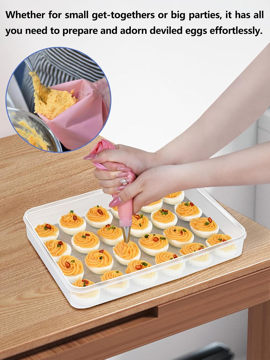 Artcome 2 PC Deviled Egg Storage Containers with Lids, Travel Carrying Bag & Pastry Decorating Kit - Stackable Egg Holder, Portable Platter for Parties, Easter, Picnics and Travel - PP Material