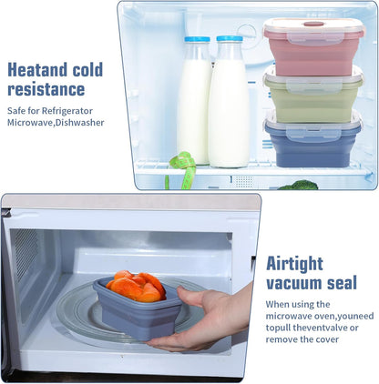6 Pcs Silicone Food Containers 11.8 oz Collapsible Storage Containers with Airtight Lids Stacking Meal Prep Lunch Leftover Food fruits Storage Foldable Box for Freezer Microwave Dishwasher Safe