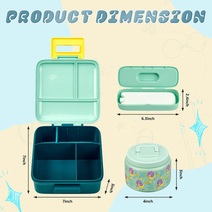Bento Lunch Box for Kids with 8oz Soup Thermo Leak-Proof Lunch Food Containers with Snack Sauce Container for Kid Girls Boys to School (Yellow Mermaid)