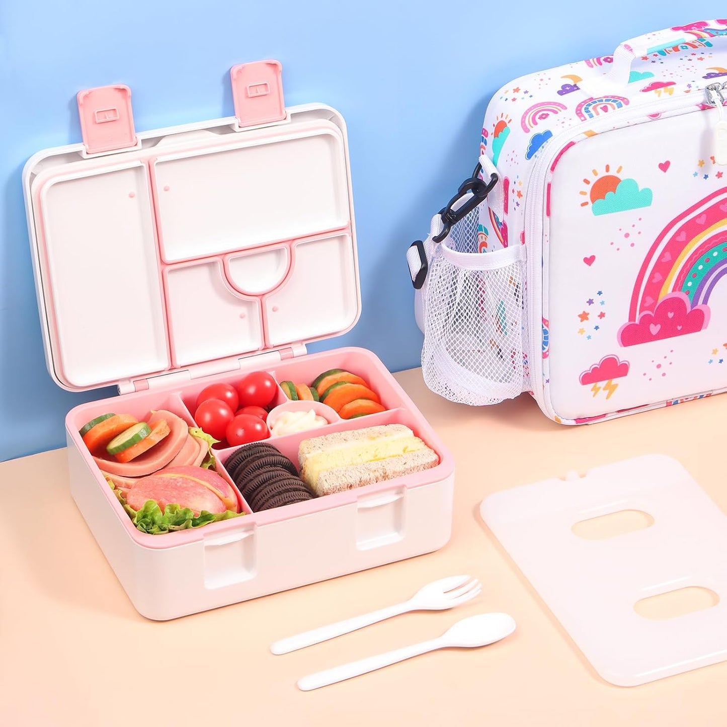 rockpapa Chill Bento Box for Kids- Large 5.5 Cups Lunch Box with Ice Pack - 5 Compartments, BPA-Free, Leak Proof, with Utensils & Portable Handle, Microwave/Dishwasher Safe (Purple Butterfly)
