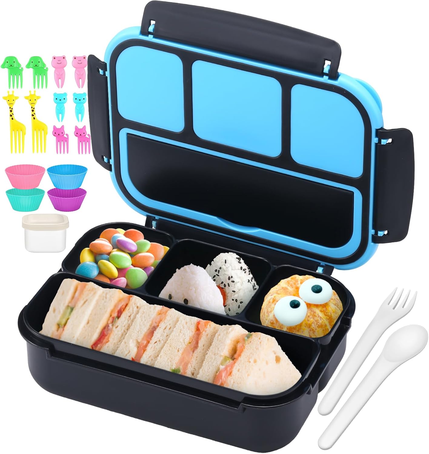 QQKO Bento Lunch Box for Kids Girls Boys, Toddler Kids Lunch Boxes for School, Lunch Containers for Adults with 4 Compartments, Sauce Container, Utensils, Food Picks and Muffin Cups, Purple