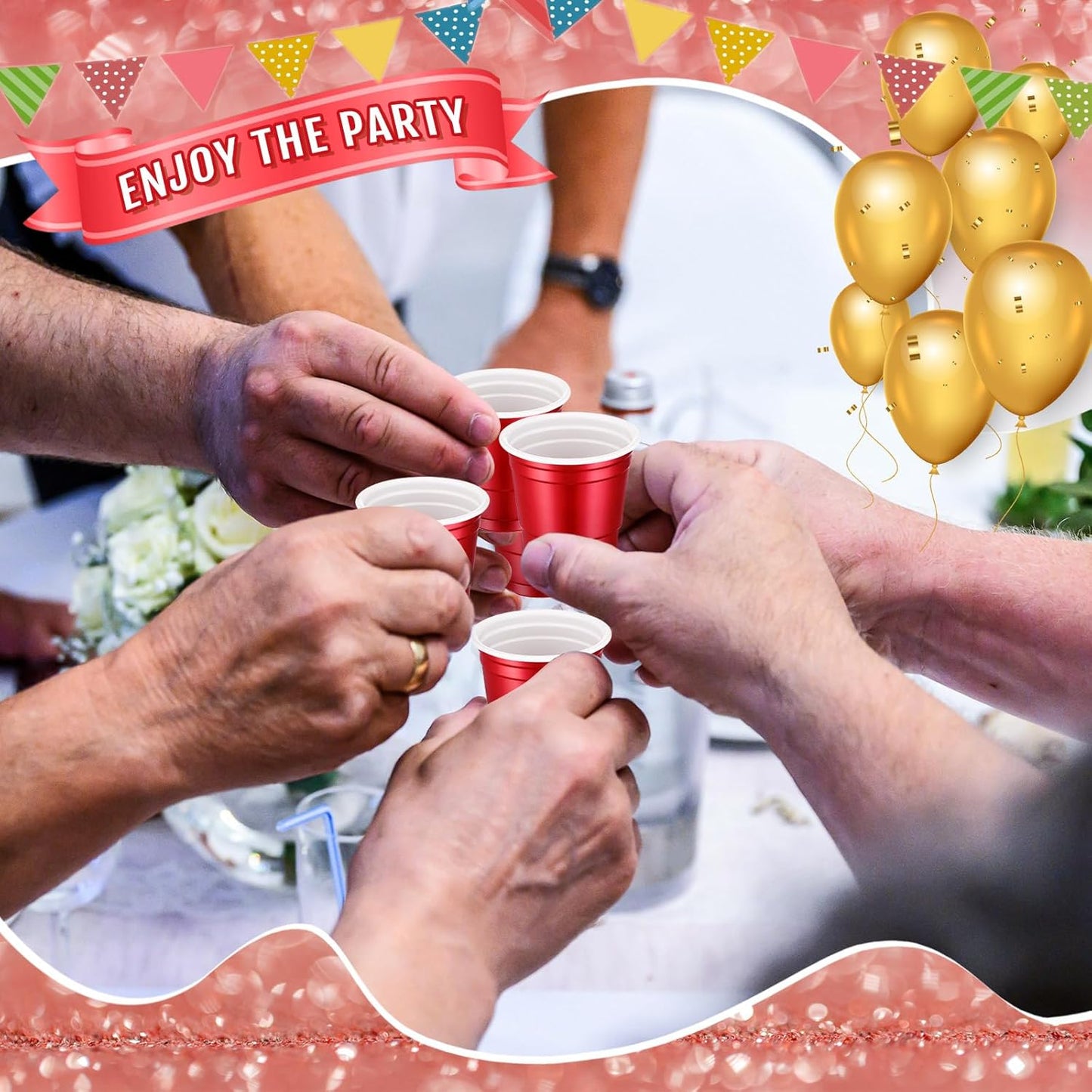 Roshtia 100 Pack 2 oz Plastic Shot Cups, Mini Disposable Shot Glasses 2 oz Wedding Party Cups for Bridal Shower Wedding Party, Beer Taste Serving, Snacks(Black, Gold)