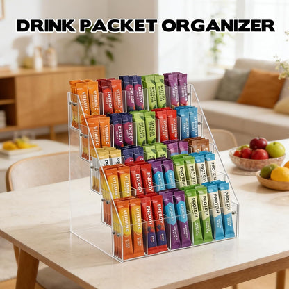 Drink Packet Organizer with 25 Compartments, 5-Tier Water Packet Organizer for Water Flavor Drink Mix, Transparent Acrylic Sugar Packets Holder for Pantry Cabinet Kitchen Storage Organization