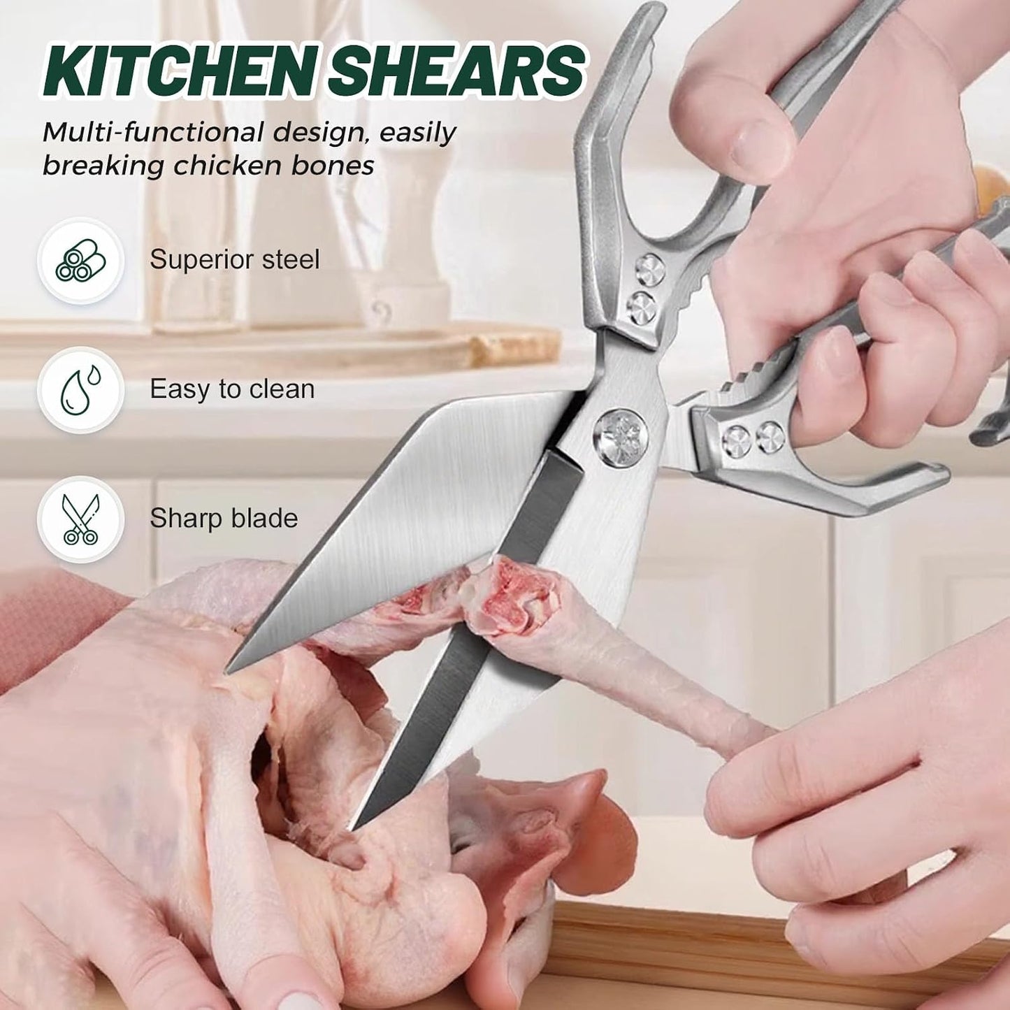 Multifunctional Heavy-Duty Kitchen Shears, Stainless Steel Kitchen Scissors for Food, Poultry Shears, Poultry, Meat, Seafood, Bone Cutting, Dishwasher Safe Ergonomic Handle (Sliver)