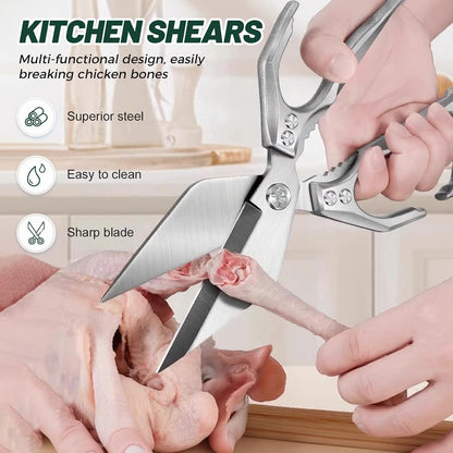 Multifunctional Heavy-Duty Kitchen Shears, Stainless Steel Kitchen Scissors for Food, Poultry Shears, Poultry, Meat, Seafood, Bone Cutting, Dishwasher Safe Ergonomic Handle (Sliver)