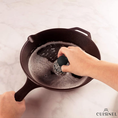 Cuisinel Cast Iron Scrubber Cleaning Brush + Pan/Grill Scraper - Skillet and Grill Cleaner Kit - Soft-Touch Confident-Grip Dish Scrub Tool - Tough on Grease, Gentle on Metal and Non-Stick Cookware