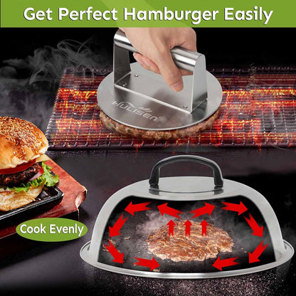 HULISEN Cheese Melting Dome & Smashed Burger Press, 6.2" Grill Press with 9" Basting Cover, Stainless Steel Burger Smasher, Griddle Accessories Kit for Flat Top Grill Cooking Indoor/Outdoor
