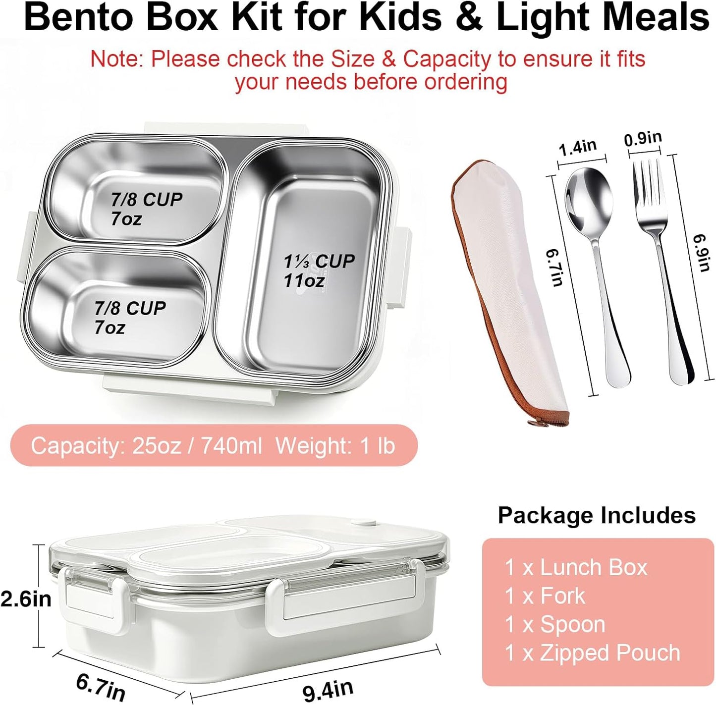 25oz 18/8 Stainless Steel Lunch Box Kit (Bento Box + Fork/Spoon) - 3 Leakproof Compartments - Metal Snack Box for Kids & Adults - School/Office/Travel - Dishwasher Safe (Beige)