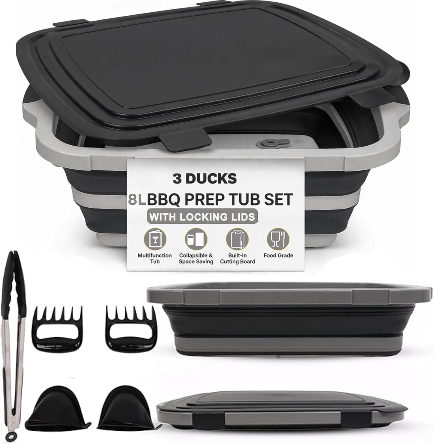 Collapsible BBQ Prep Tub 8L Black | Portable Meat Marinating Container with Locking Cutting Board Lid, BBQ Tongs, 2 Meat Shredding Claws & 2 Heat-Resistant Grill Gloves for Camping & Grilling