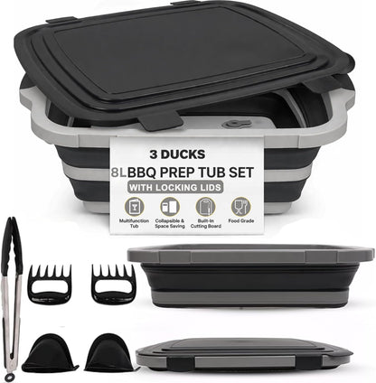 Collapsible BBQ Prep Tub 8L Black | Portable Meat Marinating Container with Locking Cutting Board Lid, BBQ Tongs, 2 Meat Shredding Claws & 2 Heat-Resistant Grill Gloves for Camping & Grilling