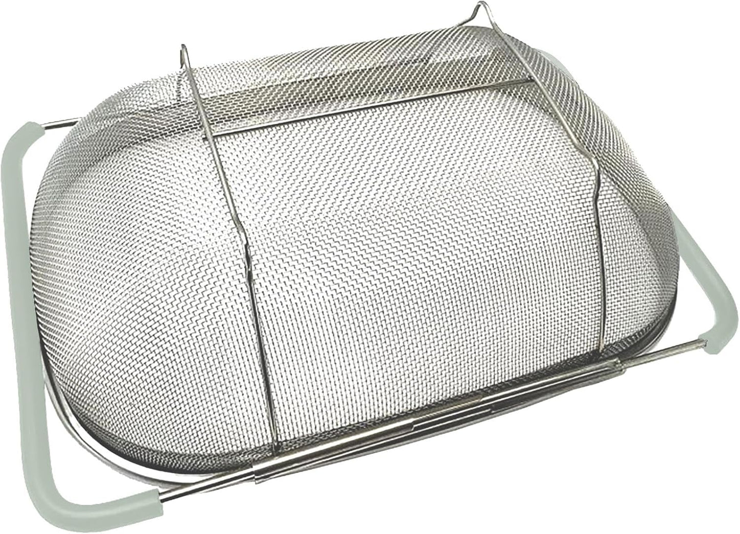 AJIODA Over The Sink Colander, 4 Quarts Stainless Steel Oval Colander with Expandable Rubber Grip Handle, Fine Mesh Strainer Baskets Kitchen Colanders for Strain, Drain, Rinse Vegetable, Fruits, Black