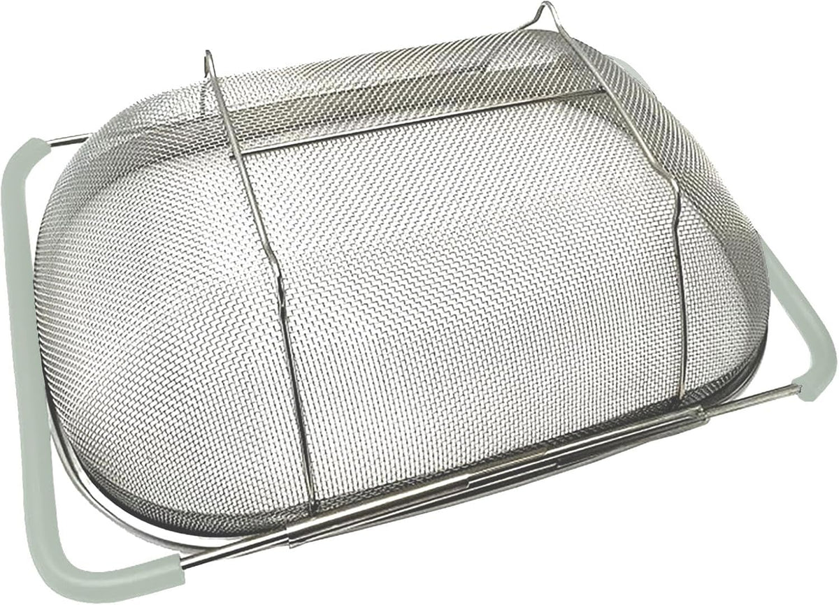 AJIODA Over The Sink Colander, 4 Quarts Stainless Steel Oval Colander with Expandable Rubber Grip Handle, Fine Mesh Strainer Baskets Kitchen Colanders for Strain, Drain, Rinse Vegetable, Fruits, Black