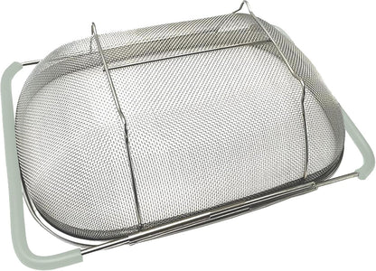 AJIODA Over The Sink Colander, 4 Quarts Stainless Steel Oval Colander with Expandable Rubber Grip Handle, Fine Mesh Strainer Baskets Kitchen Colanders for Strain, Drain, Rinse Vegetable, Fruits, Black