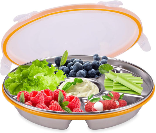 ASTIMESA Divided Serving Tray with Lid 6 Compartments, 10.4 Inch Stainless Steel Round Veggie Tray, Reusable Snack Box Container Fruit Platter Parties Fridge Food Storage Picnic (1 pcs)