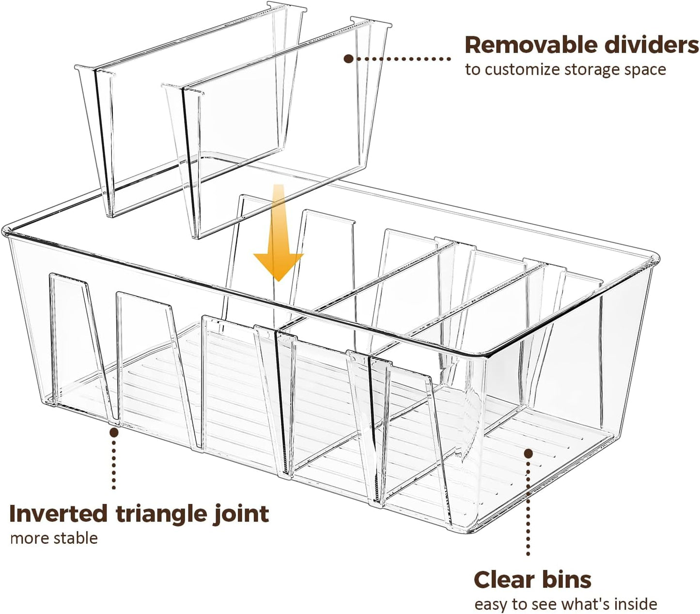 Puricon 4 Pack Pantry Organization and Storage Bins for Kitchen Fridge Countertop Cabinet, Stackable Clear Plastic Storage Racks with Removable Dividers, 5 Compartments for Snacks Packets Spices
