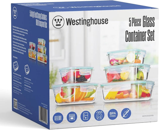Westinghouse 5-Piece Glass Food Storage Container Set with Airtight Lids - BPA-Free, Stackable, Leakproof, Freezer, Microwave, Oven & Dishwasher Safe Meal Prep Containers - 320ml to 1050ml