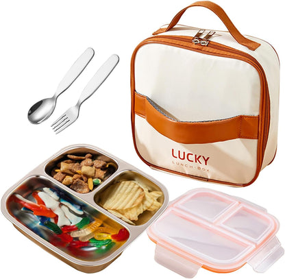stainless steel lunch box for kids with lids & Spoon Fork & Insulated Bag, Leak-Proof 3 Compartment Food Containers, Food-Grade 304 Stainless Steel, Ideal for Home, Travel (Transparent black)
