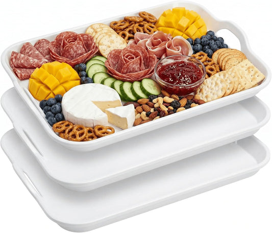 YOUEON 3 Pack White Large Melamine Serving Tray with Handles, 17"x 12" Rectangular Serving Platter Set, Food Serving Trays for Party, Entertaining, Appetizer, Buffet