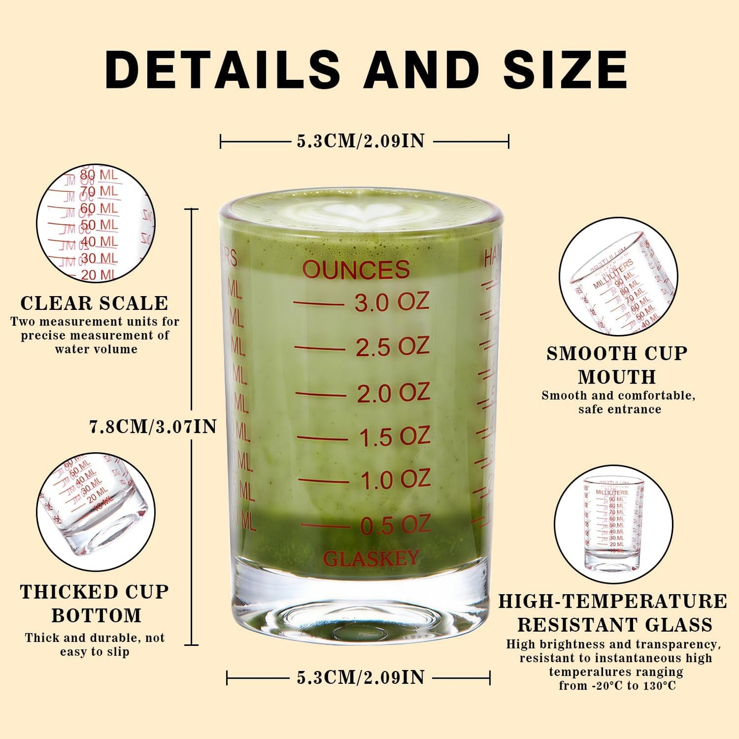 GLASKEY Shot Glasses Measuring Cup Set - 2 Pack Espresso Shot Glasses with Precise Measurement Marks,Heavy Duty Glass,Dishwasher Safe,Perfect for Coffee,Cocktails and Kitchen Use (Black & Red)