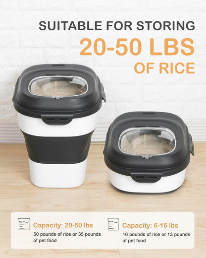 20-30 Lbs Rice Storage Container,Collapsible Food Storage Containers with Rolling Wheel Airtight Locking Lid,Flour Storage Container with Cup and Scoop,Suitable for Food,Rice,Pet Food,Flour