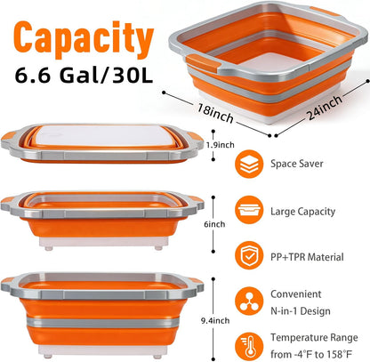 8L Collapsible BBQ Prep Tub with Locking Lid & Cutting Board - Marinade Container Grill Carry System for RV Picnic Tailgate - Portable Wash Basin for Kitchen Camping Sink - Gift for Men Women