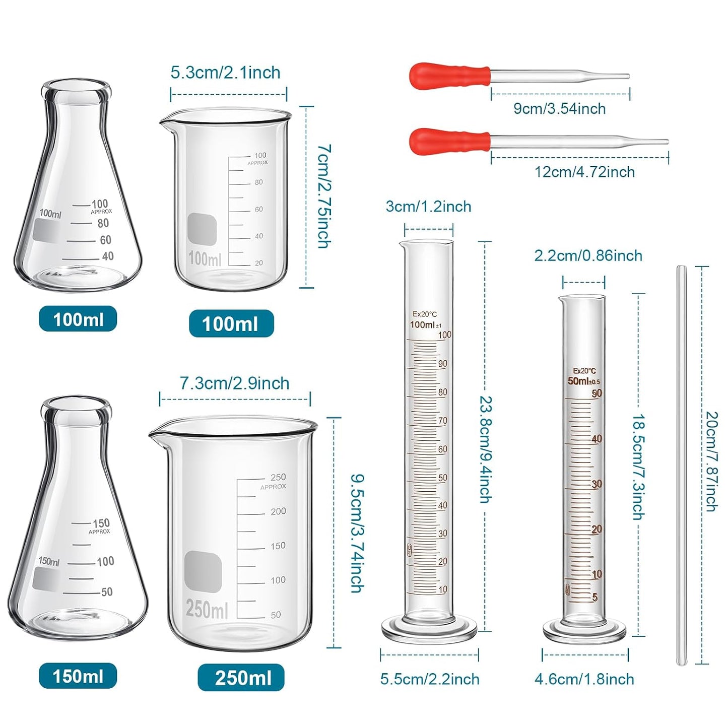 Frienda 50/100/250/500/1000ml Glass Beaker Set, 3.3 Borosilicate Low Form Griffin Lab Glassware Include Graduated Cylinder, Beaker, Dropper, Stirring Rod, Measuring Cups for Lab Chemistry (20 Pcs)