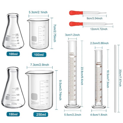 Frienda 50/100/250/500/1000ml Glass Beaker Set, 3.3 Borosilicate Low Form Griffin Lab Glassware Include Graduated Cylinder, Beaker, Dropper, Stirring Rod, Measuring Cups for Lab Chemistry (20 Pcs)