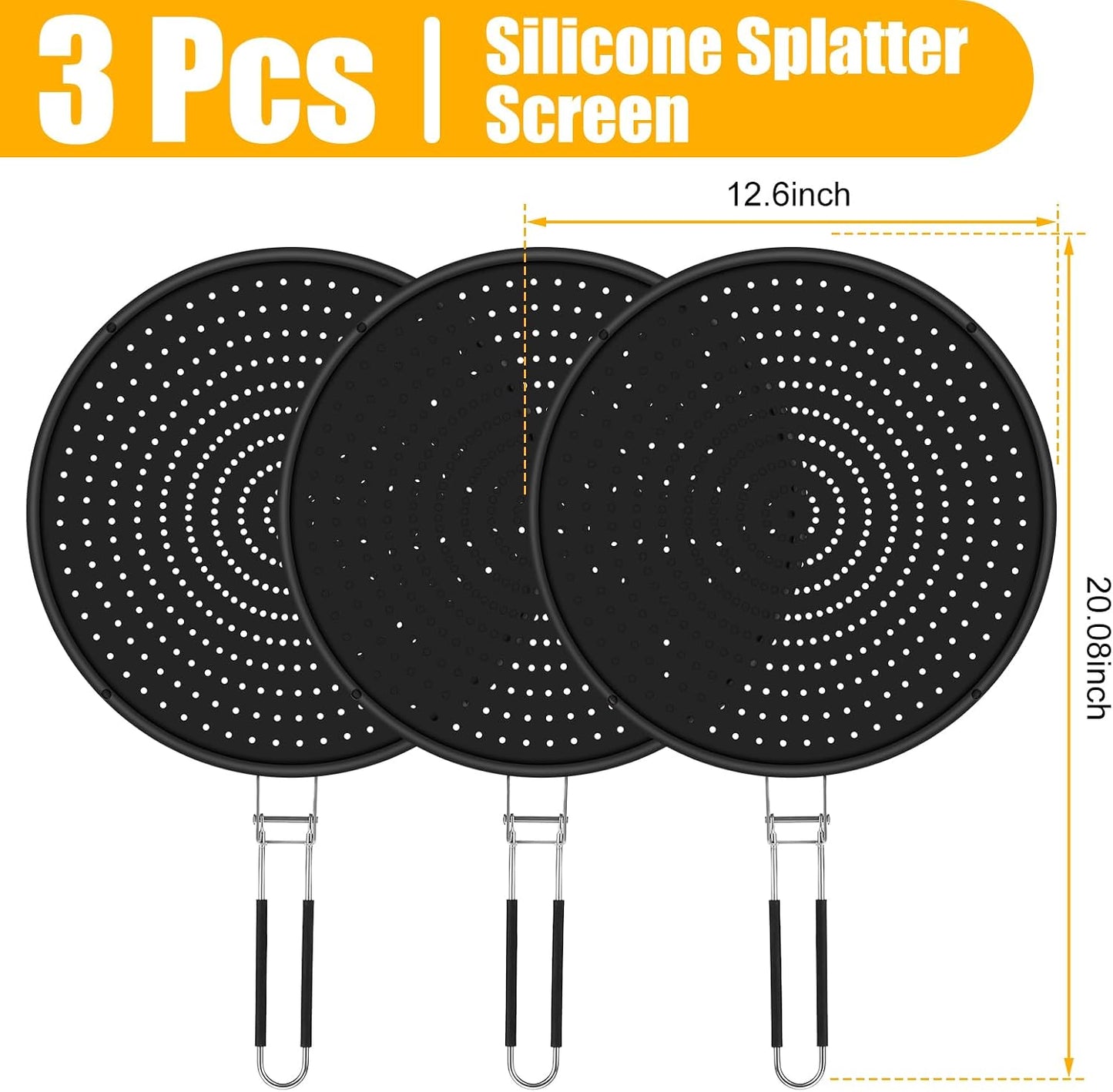 Tioncy 3 Pcs 12.6 Inch Silicone Splatter Screen for Frying Pan Grease Splatter Collapsible Guard Heat Resistant Multi Use for Baking and Cooking(Black)