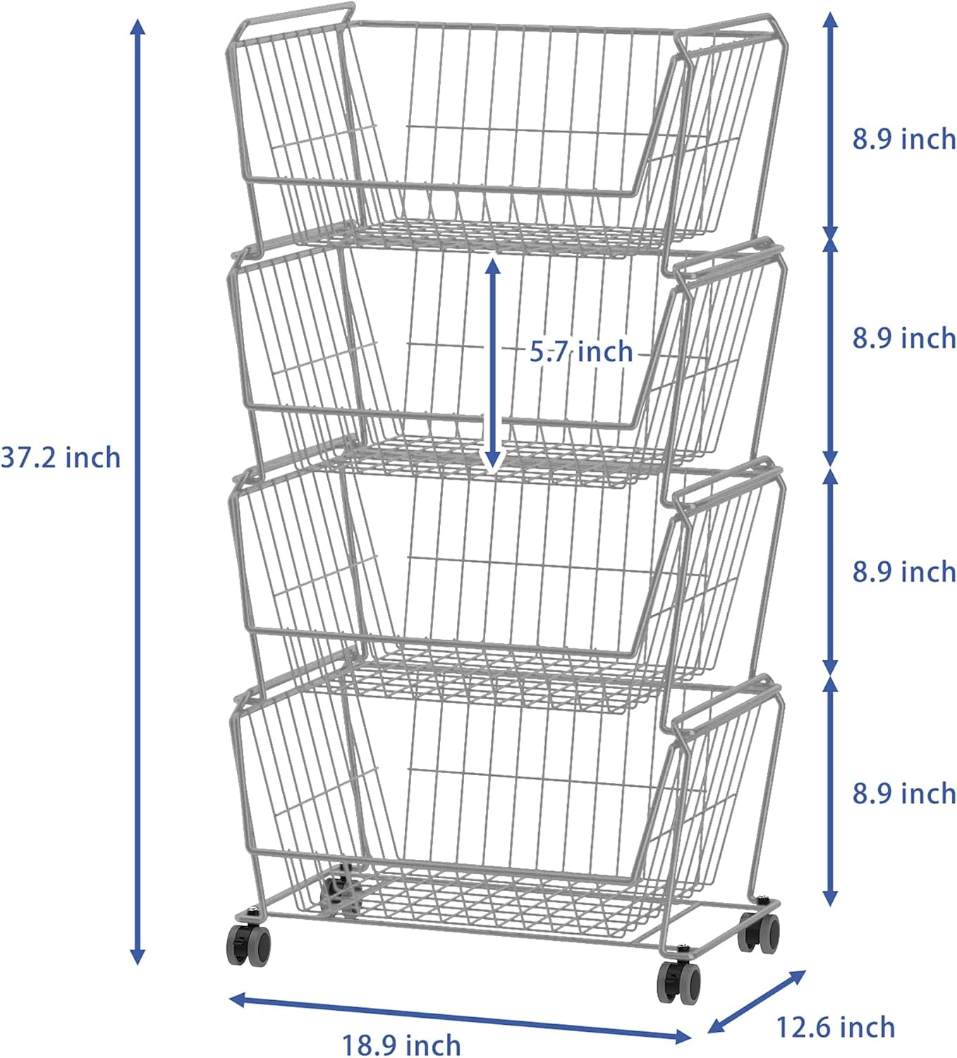 PUSDON 4-Tier Spacious Stackable Wire Storage Baskets with Wheels, Metal Rolling Utility Cart Organizer, Fruit and Vegetable Produce Basket for Kitchen Pantry, Everyday Bathroom Shelf, Silver Grey