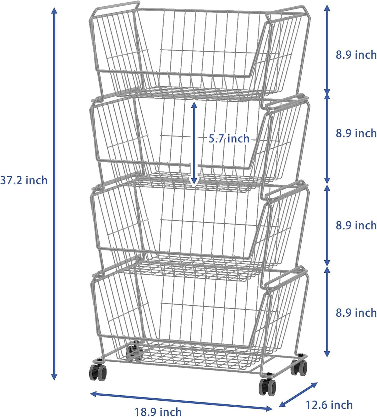 PUSDON 4-Tier Spacious Stackable Wire Storage Baskets with Wheels, Metal Rolling Utility Cart Organizer, Fruit and Vegetable Produce Basket for Kitchen Pantry, Everyday Bathroom Shelf, Silver Grey