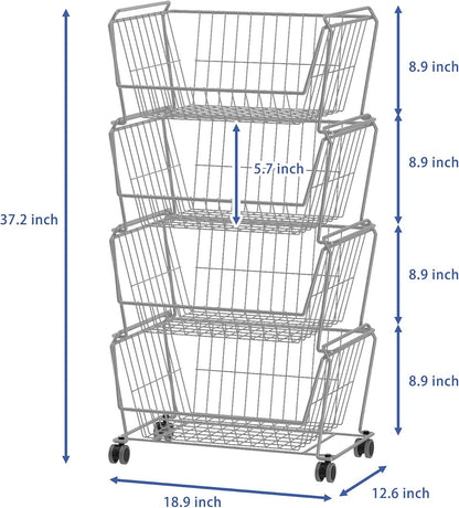 PUSDON 4-Tier Spacious Stackable Wire Storage Baskets with Wheels, Metal Rolling Utility Cart Organizer, Fruit and Vegetable Produce Basket for Kitchen Pantry, Everyday Bathroom Shelf, Silver Grey