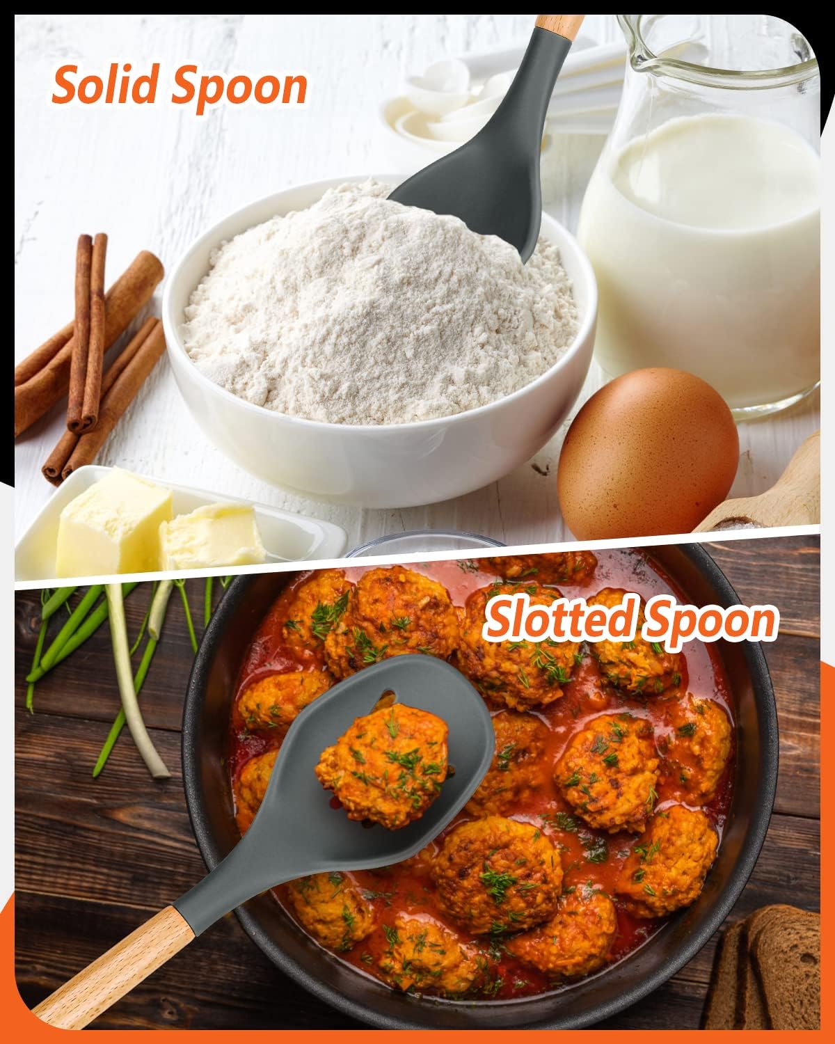 Large Silicone Cooking Spoons, 2 Pack Nonstick Solid and Slotted Wooden handle Spoon Set, Heat Resistan Silicone Kitchen Spoons for Cooking, Serving, Basting, Mixing (Khaki)