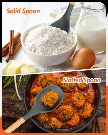 Large Silicone Cooking Spoons, 2 Pack Nonstick Solid and Slotted Wooden handle Spoon Set, Heat Resistan Silicone Kitchen Spoons for Cooking, Serving, Basting, Mixing (Khaki)