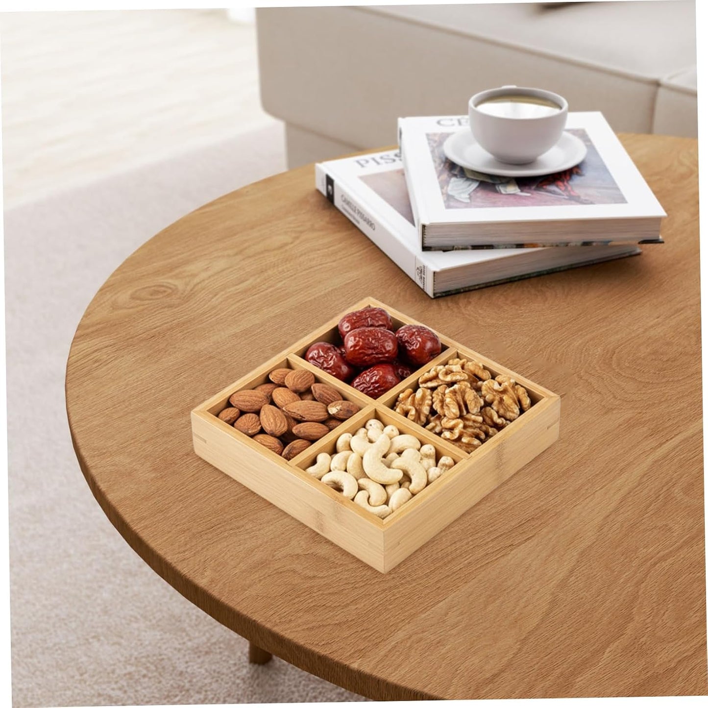 Divided Serving Tray, Divided Wooden Tray with 4 Compartments, Small Wood Serving Platter for Home