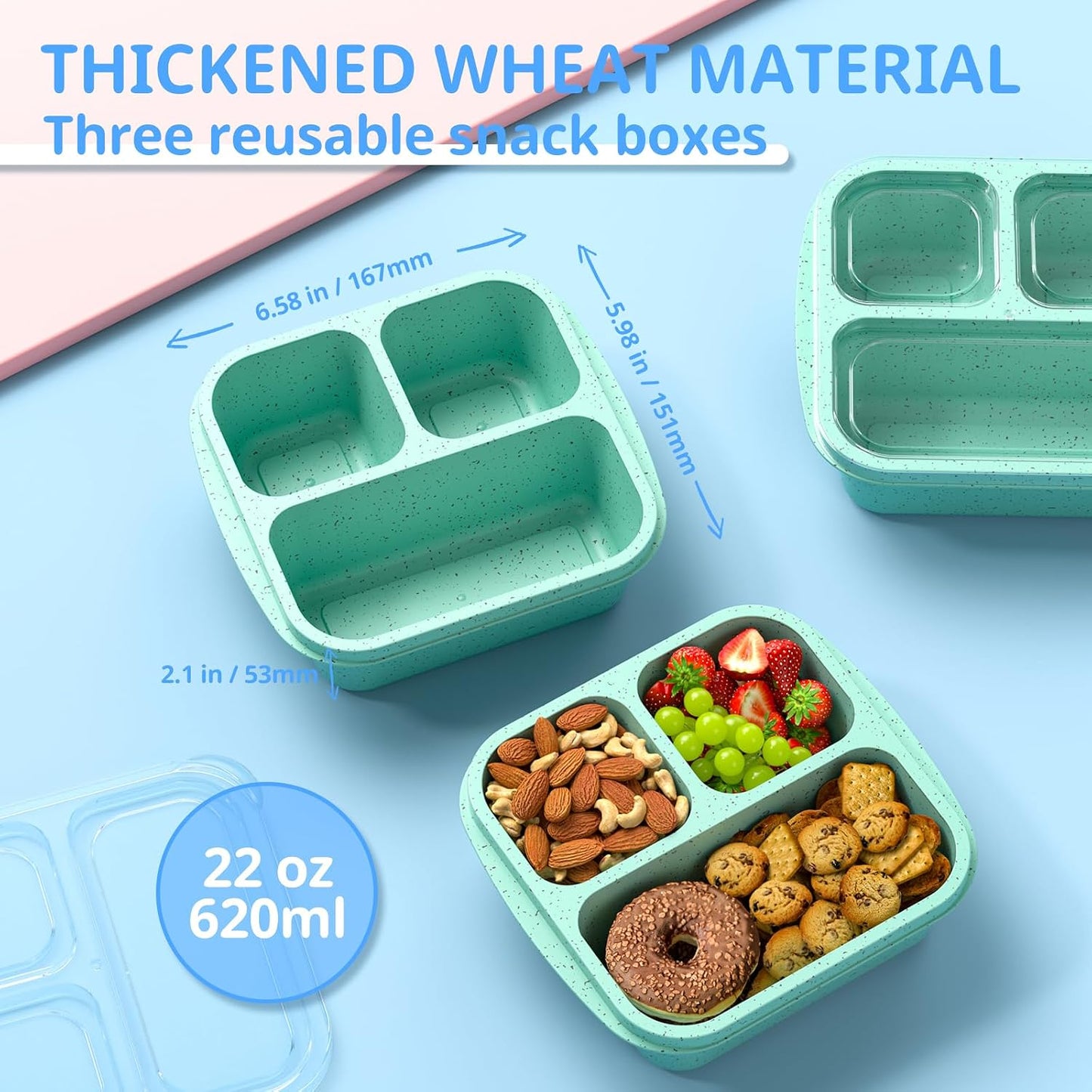 Snack Boxes (3 Pack) - Stackable Bento Boxes with 3 Compartments, Meal Prep Containers Reusable, Lightweight Lunch Containers for Kids and Adults, BPA Free (Blue)